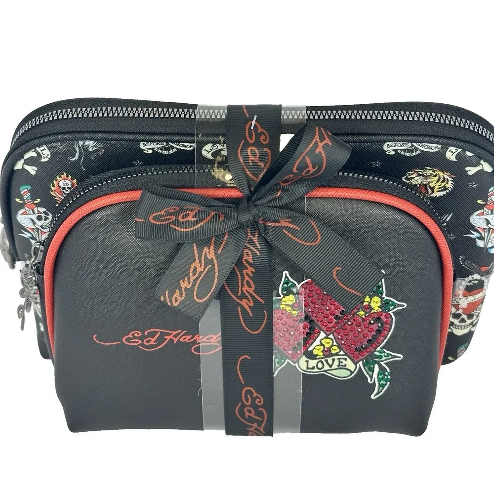 Ed Hardy Cosmetic Bag 2 Pc Set Rhinestone Hearts Skull Rose‎ Tattoo Makeup Case